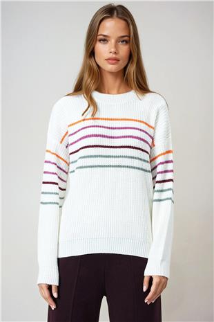 Kadın Ekru Bisiklet Yaka Çizgili Triko Kazak VS01042