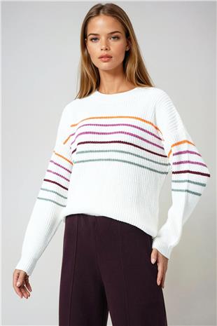 Kadın Ekru Bisiklet Yaka Çizgili Triko Kazak VS01042