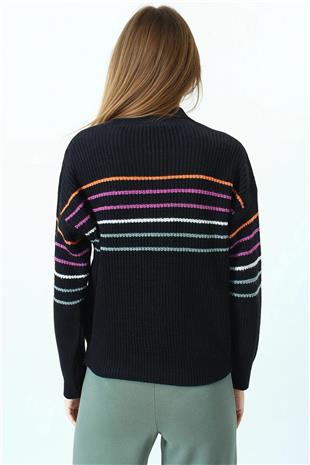 Kadın Siyah Bisiklet Yaka Çizgili Triko Kazak VS01042