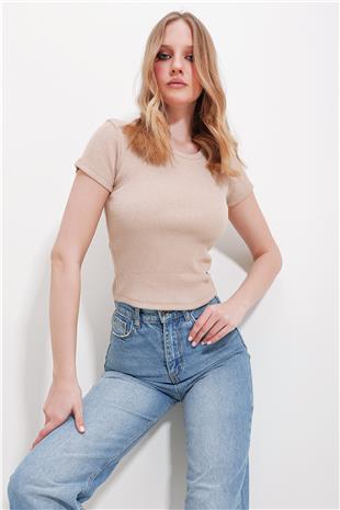 Kadın Bej Bisiklet Yaka Crop Örme Bluz ALC-X11549