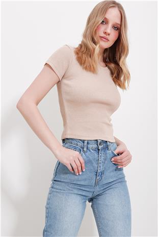 Kadın Bej Bisiklet Yaka Crop Örme Bluz ALC-X11549