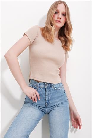Kadın Bej Bisiklet Yaka Crop Örme Bluz ALC-X11549