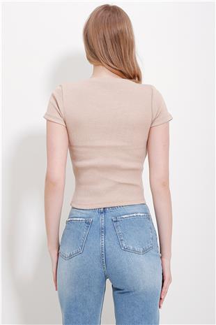 Kadın Bej Bisiklet Yaka Crop Örme Bluz ALC-X11549