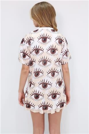 Kadın Krem Bisiklet Yaka Dijital Baskılı Yanı Yırtmaçlı Sweatshırt MDA-1106