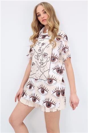 Kadın Krem Bisiklet Yaka Dijital Baskılı Yanı Yırtmaçlı Sweatshırt MDA-1106