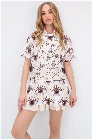 Kadın Krem Bisiklet Yaka Dijital Baskılı Yanı Yırtmaçlı Sweatshırt MDA-1106