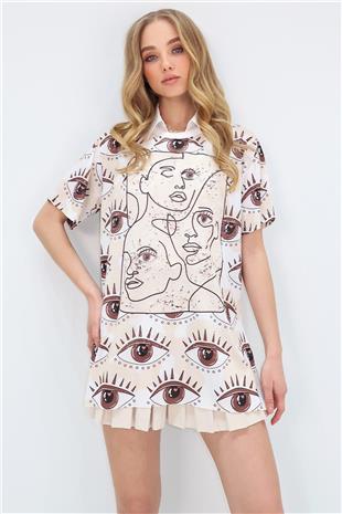 Kadın Krem Bisiklet Yaka Dijital Baskılı Yanı Yırtmaçlı Sweatshırt MDA-1106