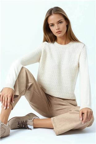 Kadın Taş Bisiklet Yaka Dokulu Örgü Desenli Uzun Kollu Triko Bluz VS01061