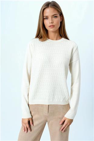 Kadın Taş Bisiklet Yaka Dokulu Örgü Desenli Uzun Kollu Triko Bluz VS01061