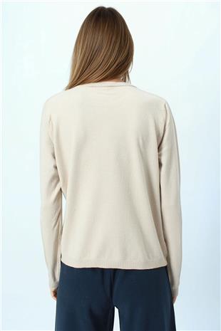Kadın Bej Bisiklet Yaka Dokulu Örgü Desenli Uzun Kollu Triko Bluz VS01061
