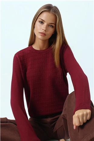 Kadın Bordo Bisiklet Yaka Dokulu Örgü Desenli Uzun Kollu Triko Bluz VS01061