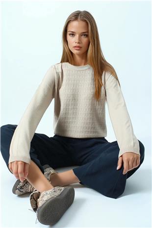 Kadın Bej Bisiklet Yaka Dokulu Örgü Desenli Uzun Kollu Triko Bluz VS01061