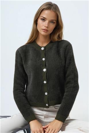 Kadın Haki Bisiklet Yaka Düğme Kapamalı Püskülü Hırka VS01037