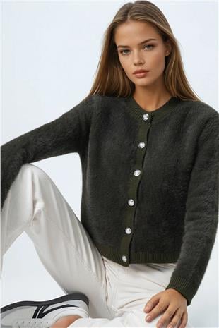Kadın Haki Bisiklet Yaka Düğme Kapamalı Püskülü Hırka VS01037