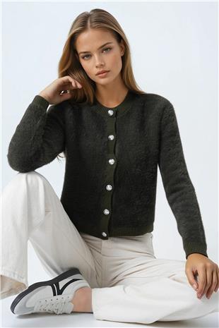 Kadın Haki Bisiklet Yaka Düğme Kapamalı Püskülü Hırka VS01037