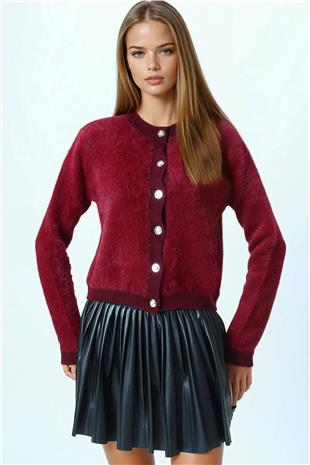Kadın Bordo Bisiklet Yaka Düğme Kapamalı Püskülü Hırka VS01037