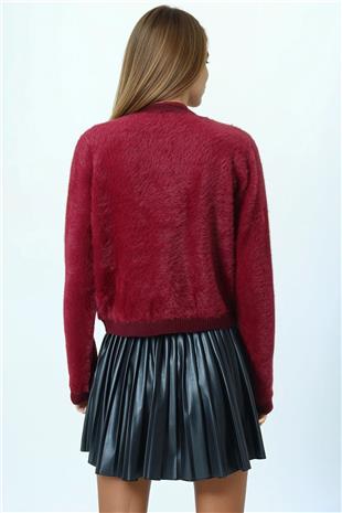 Kadın Bordo Bisiklet Yaka Düğme Kapamalı Püskülü Hırka VS01037