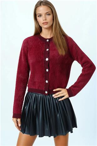 Kadın Bordo Bisiklet Yaka Düğme Kapamalı Püskülü Hırka VS01037
