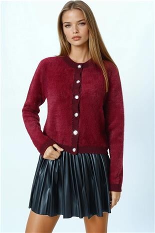 Kadın Bordo Bisiklet Yaka Düğme Kapamalı Püskülü Hırka VS01037
