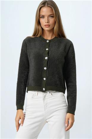 Kadın Haki Bisiklet Yaka Düğme Kapamalı Püskülü Hırka VS01037