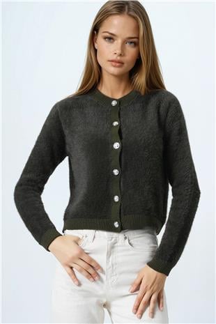 Kadın Haki Bisiklet Yaka Düğme Kapamalı Püskülü Hırka VS01037