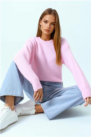 Kadın Pembe Bisiklet Yaka Düz Örgü Triko Kazak VS01045
