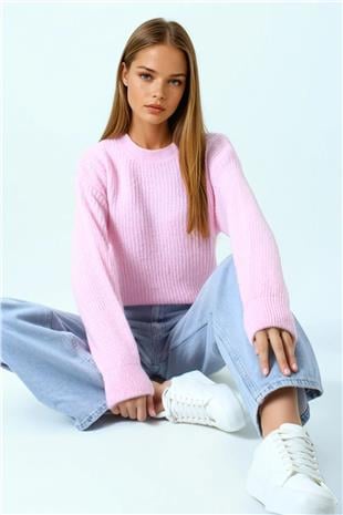 Kadın Pembe Bisiklet Yaka Düz Örgü Triko Kazak VS01045