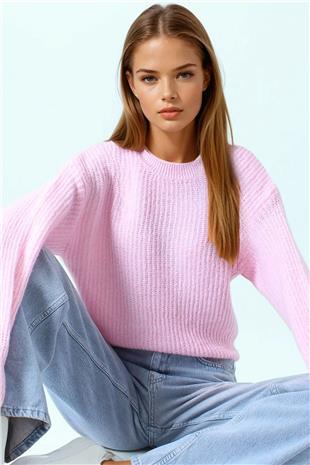 Kadın Pembe Bisiklet Yaka Düz Örgü Triko Kazak VS01045