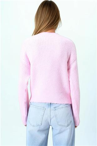 Kadın Pembe Bisiklet Yaka Düz Örgü Triko Kazak VS01045