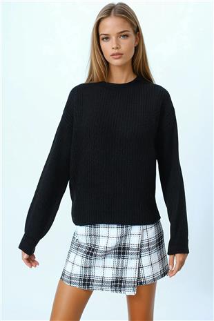 Kadın Siyah Bisiklet Yaka Düz Örgü Triko Kazak VS01045