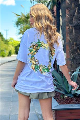 Kadın Beyaz Bisiklet Yaka Eros Baskılı Oversize Unisez T-Shirt ALC-X12326