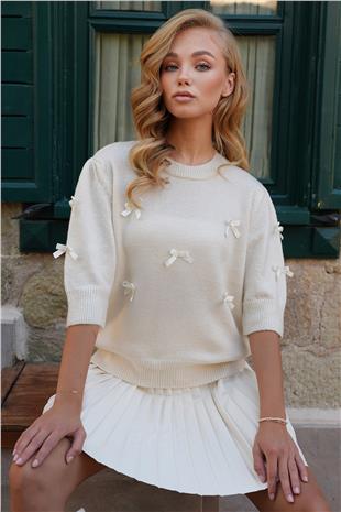 Kadın Ekru Bisiklet Yaka Fiyonklu Triko Kazak ALC-X14510