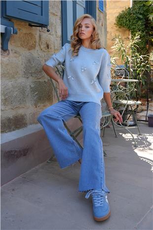 Kadın Mavi Bisiklet Yaka Fiyonklu Triko Kazak ALC-X14510