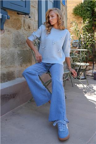 Kadın Mavi Bisiklet Yaka Fiyonklu Triko Kazak ALC-X14510