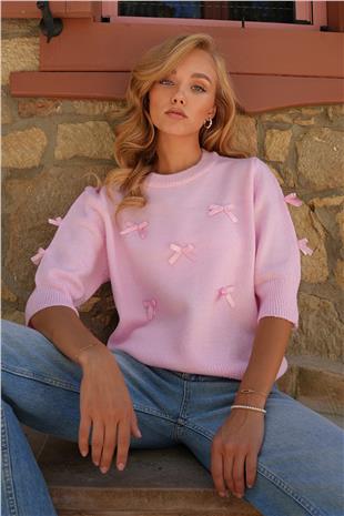 Kadın Pembe Bisiklet Yaka Fiyonklu Triko Kazak ALC-X14510