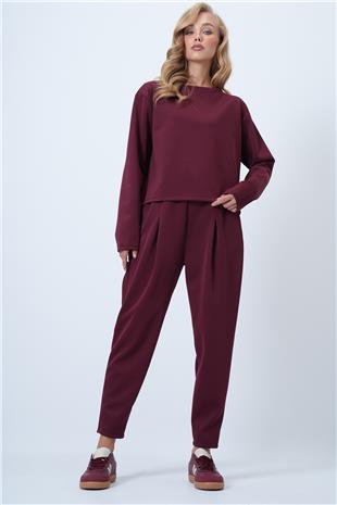 Kadın Bordo Bisiklet Yaka Geniş Kesim Bluz Ve Önü Pileli Çift Cepli Pantolon Takım ALC-X14553