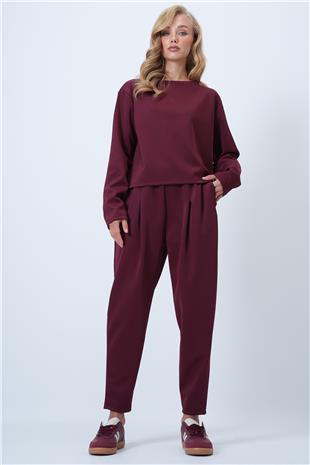 Kadın Bordo Bisiklet Yaka Geniş Kesim Bluz Ve Önü Pileli Çift Cepli Pantolon Takım ALC-X14553