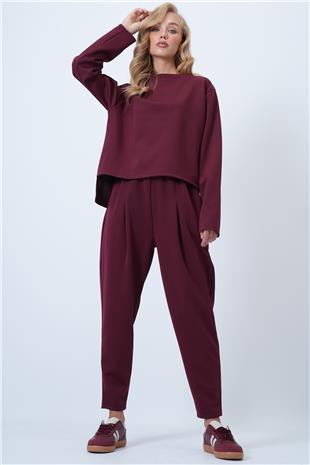 Kadın Bordo Bisiklet Yaka Geniş Kesim Bluz Ve Önü Pileli Çift Cepli Pantolon Takım ALC-X14553
