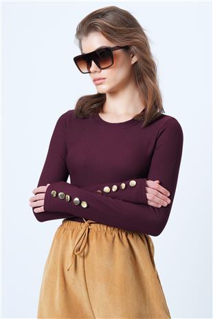 Kadın Bordo Bisiklet Yaka Gold Düğme Detaylı Ottoban Bluz VS01175