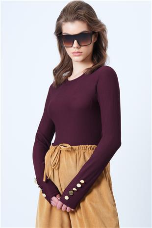 Kadın Bordo Bisiklet Yaka Gold Düğme Detaylı Ottoban Bluz VS01175