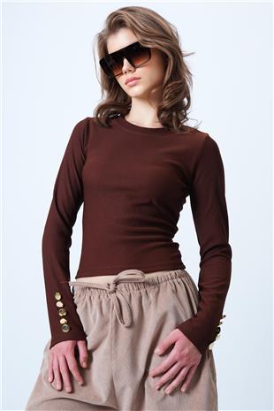 Kadın Kahverengi Bisiklet Yaka Gold Düğme Detaylı Ottoban Bluz VS01175