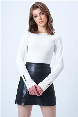 Kadın Beyaz Bisiklet Yaka Gold Düğme Detaylı Ottoban Bluz VS01175