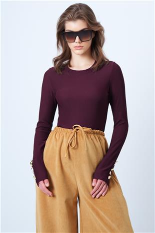 Kadın Bordo Bisiklet Yaka Gold Düğme Detaylı Ottoban Bluz VS01175