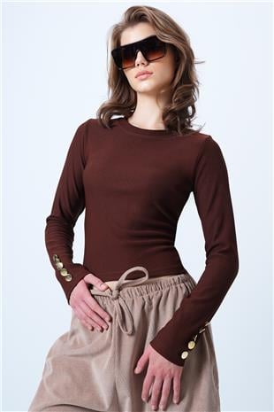 Kadın Kahverengi Bisiklet Yaka Gold Düğme Detaylı Ottoban Bluz VS01175