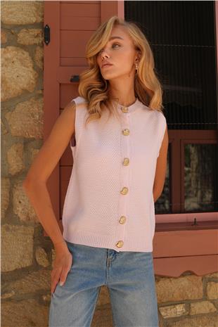 Kadın Pembe Bisiklet Yaka Gold Düğmeli Dokulu Triko Yelek ALC-X14455