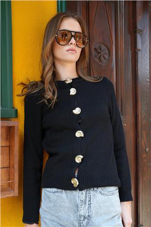 Kadın Siyah Bisiklet Yaka Gold Düğmeli Triko Hırka VS01220