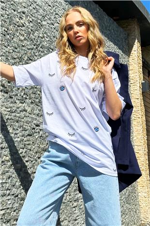 Kadın Beyaz Bisiklet Yaka Göz Baskılı Oversize T-Shirt ALC-X12306