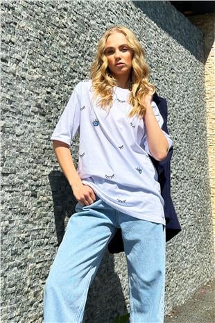 Kadın Beyaz Bisiklet Yaka Göz Baskılı Oversize T-Shirt ALC-X12306