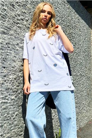 Kadın Beyaz Bisiklet Yaka Göz Baskılı Oversize T-Shirt ALC-X12306