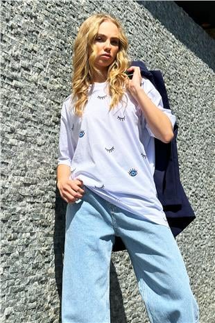 Kadın Beyaz Bisiklet Yaka Göz Baskılı Oversize T-Shirt ALC-X12306